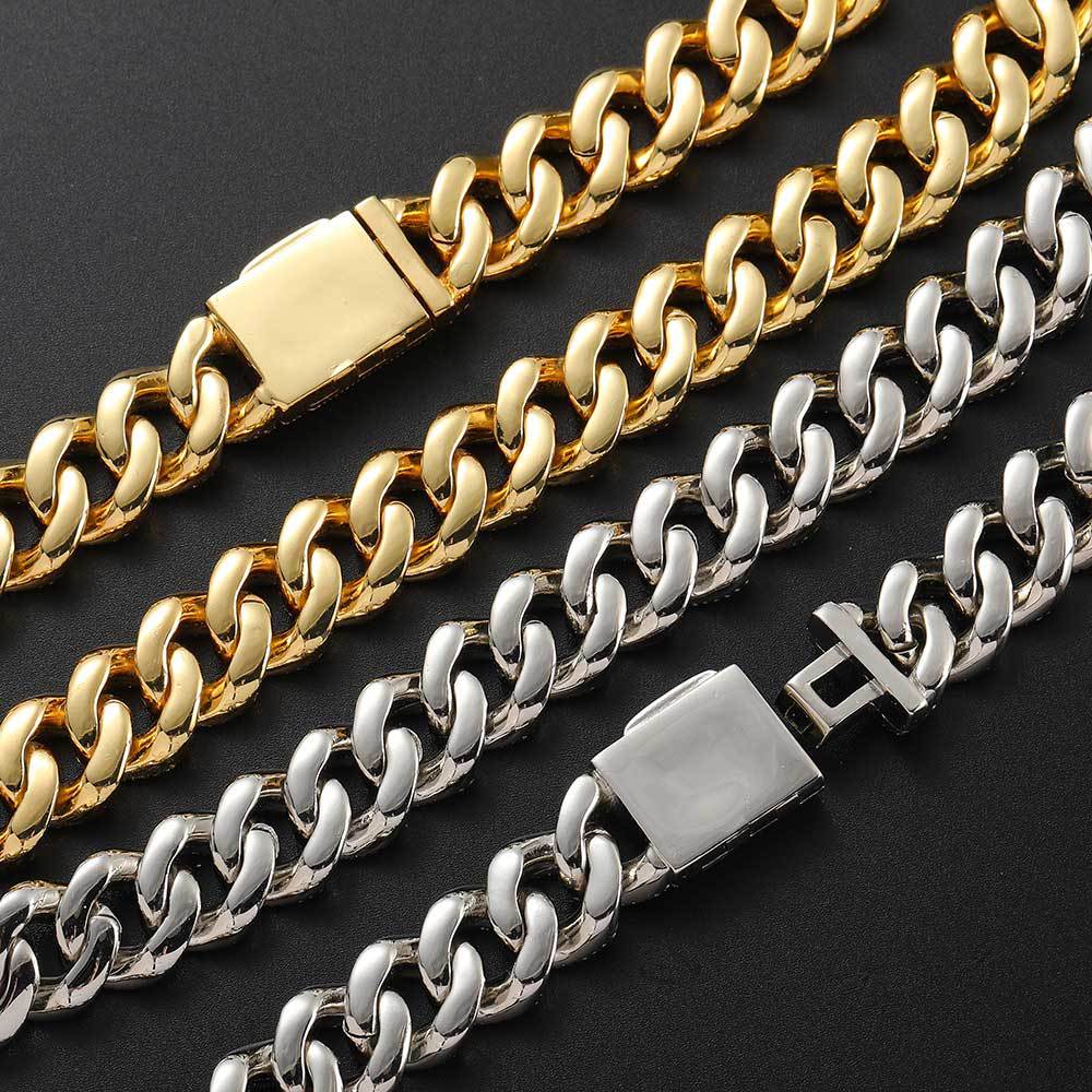 The reverse side of the chunky iced out cuban link necklace is polished.