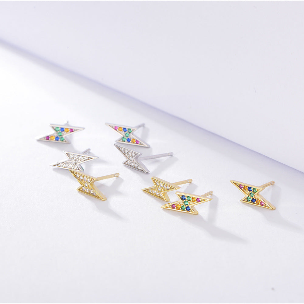 Sterling silver colored gemstone lightning stud earrings, inlaid with colorful zirconias. Plating with gold or silver.