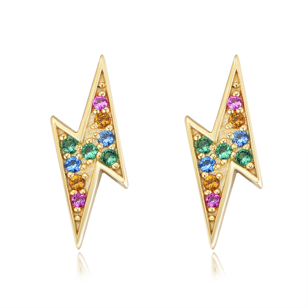 Sterling silver colored gemstone lightning stud earrings, inlaid with colorful zirconias. Plating with gold.