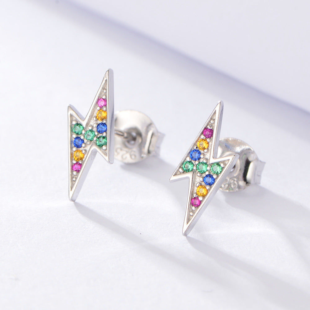 Sterling silver colored gemstone lightning stud earrings, inlaid with colorful zirconias. Plating with silver.