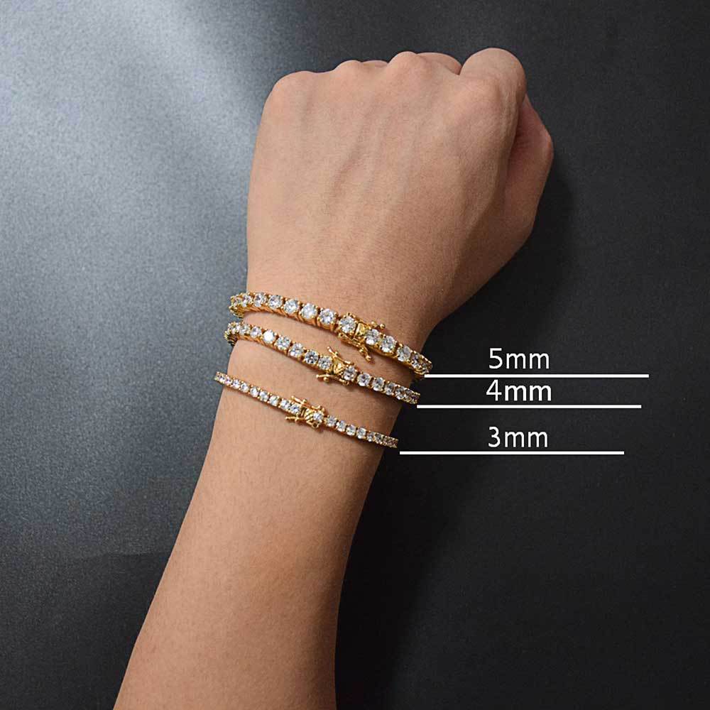Wearing effects of cubic zirconia tennis bracelets of different width.
