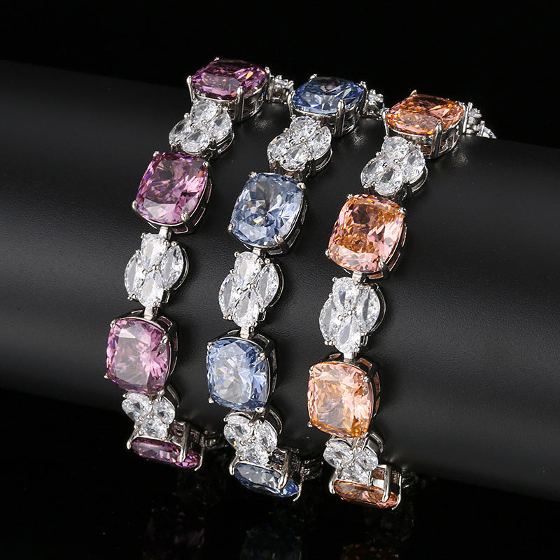 Silver plating brass bracelets alternating between light pink, light blue, paparadscha and white zirconia. Plating with silver.