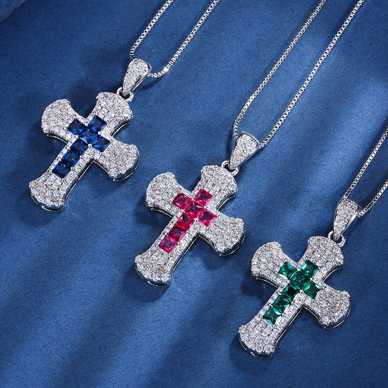 Iced Out Colored Gemstone Cross Necklace