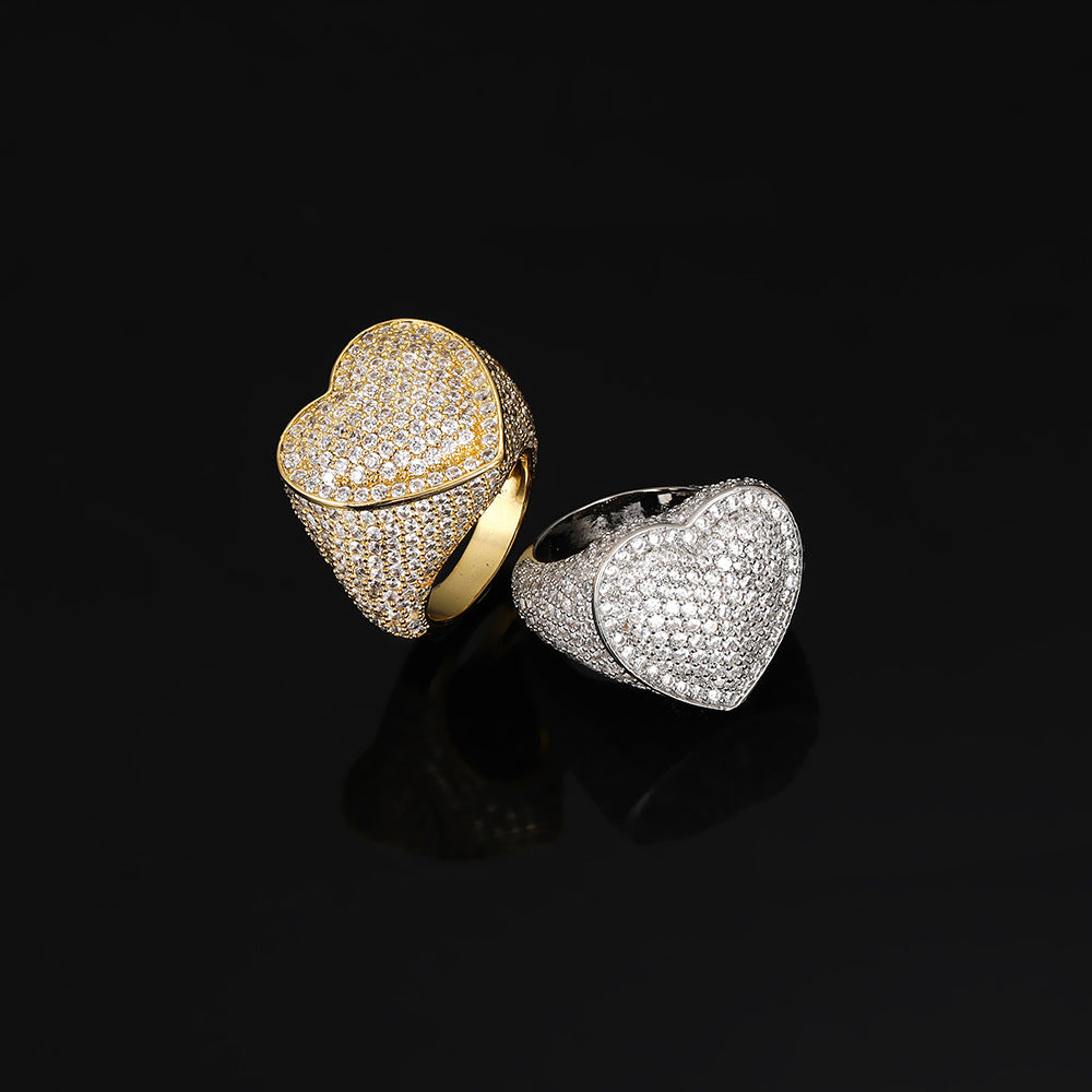 Gold palting and silver plating iced out heart ring.