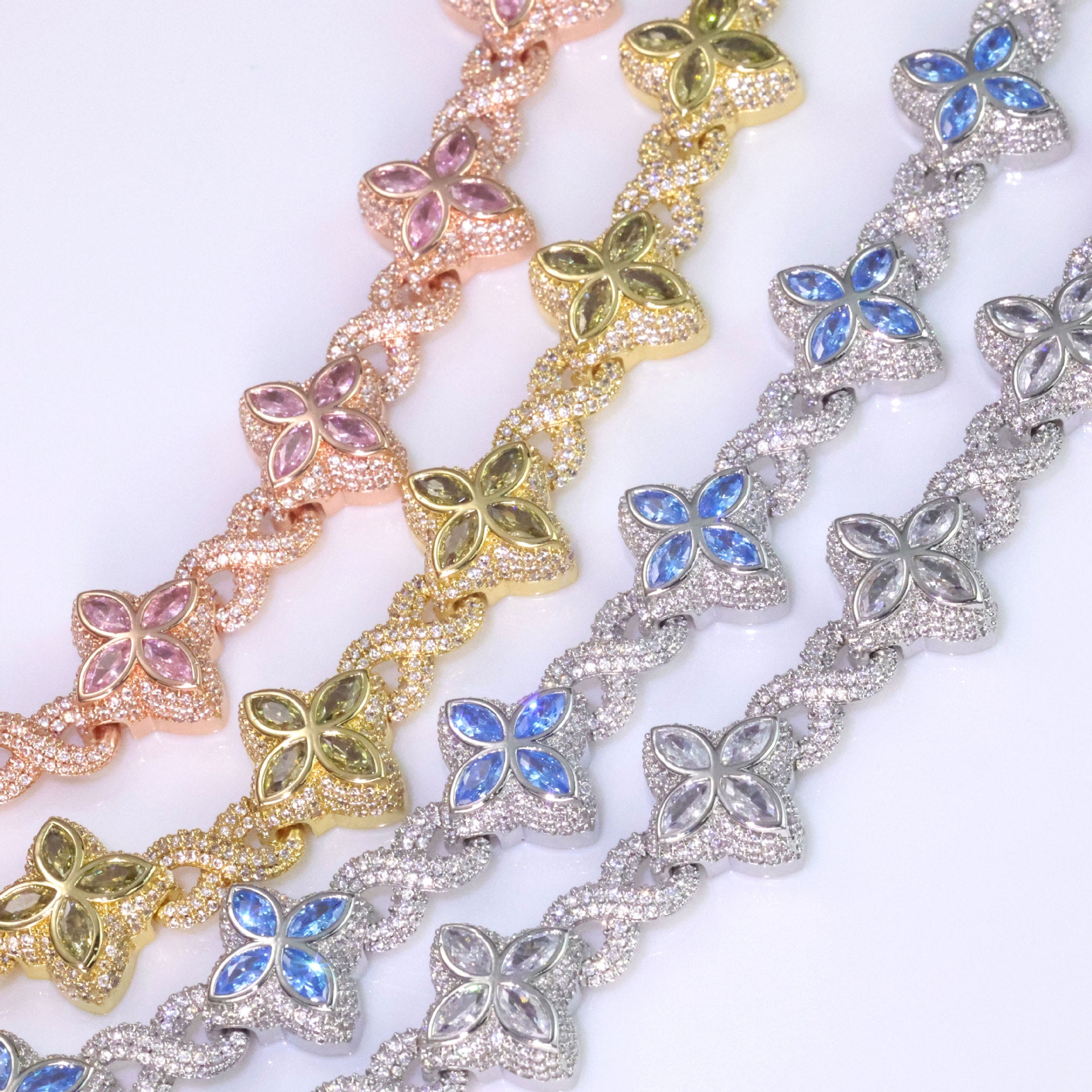 Close-up of the iced out luxury big clover bracelet or necklace.