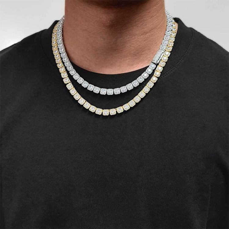 Wearing effects of iced out square links tennis necklaces of different length.