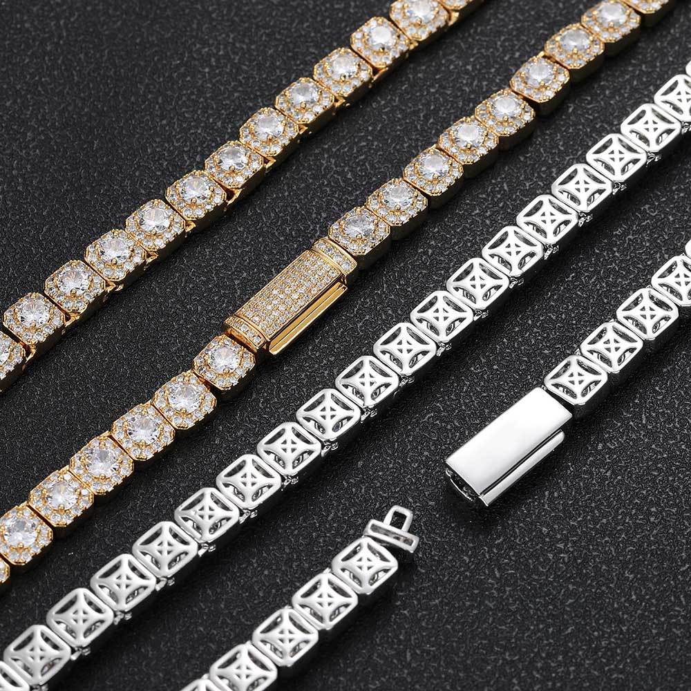 Front and back of the iced out square link tennis bracelet or neacklace, pave gemstone on the front and flat on the reverse.