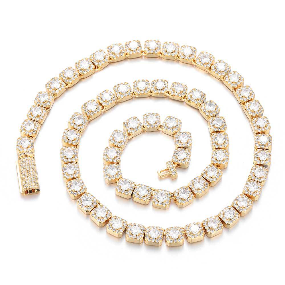 An iced out square links tennis chain necklace. Square modified links with white zieconias, iced out box clasp. Brass with gold plating.