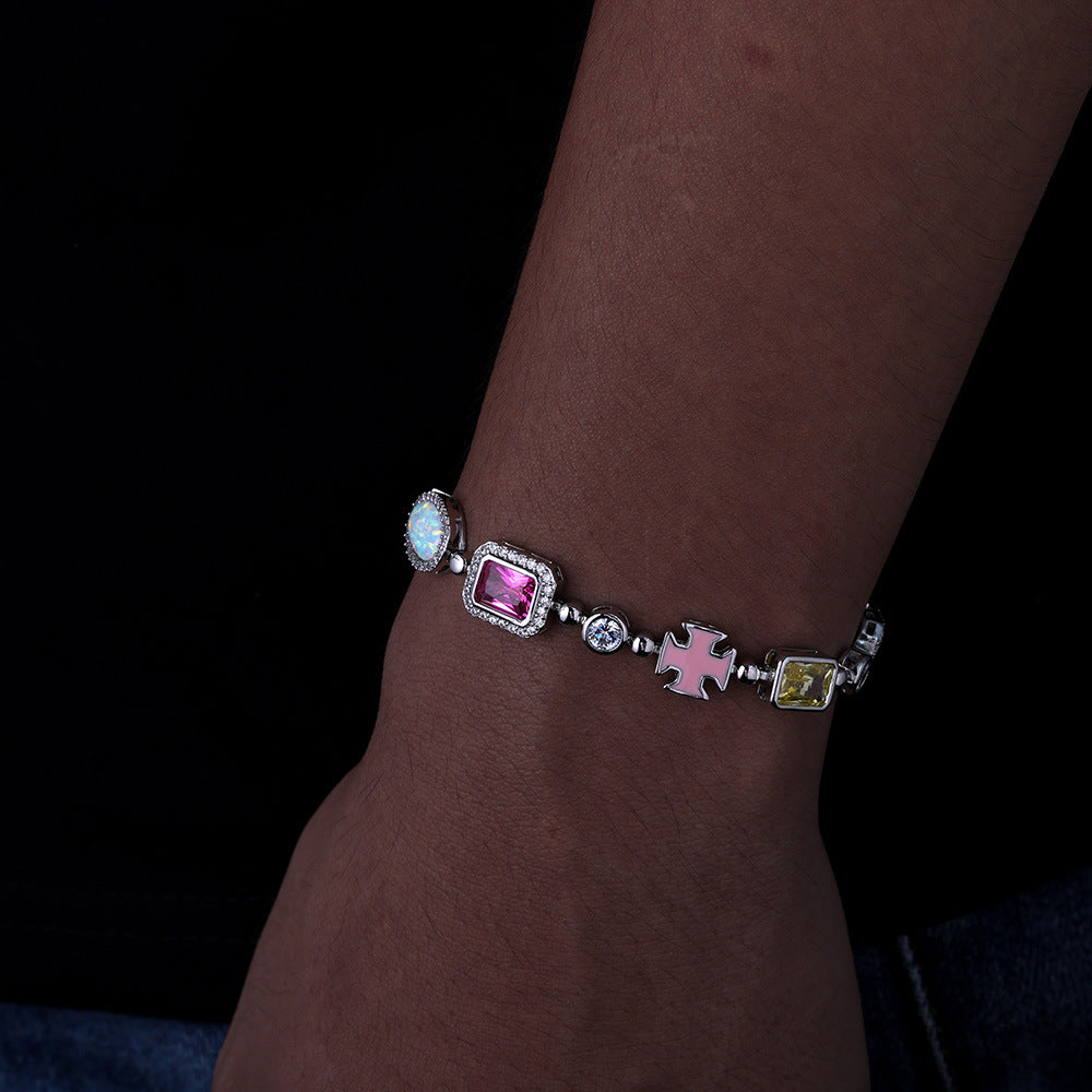 Model wearing the silver plating cross motif bracelet.