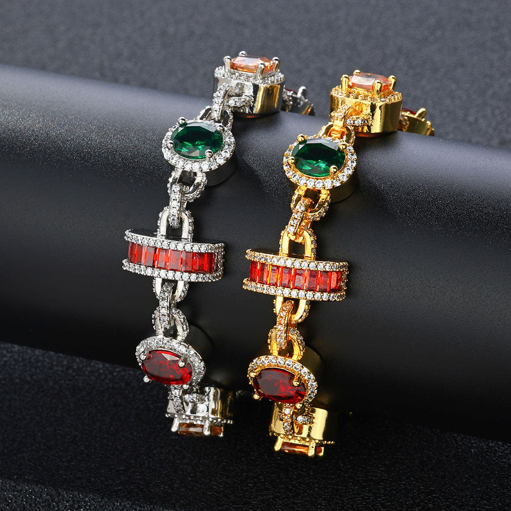 Silver plating and gold plating brass bracelets, pave halo motifs, main stones in color of emerald, topaz, garnet, champagne, orange. Iced out clasp.