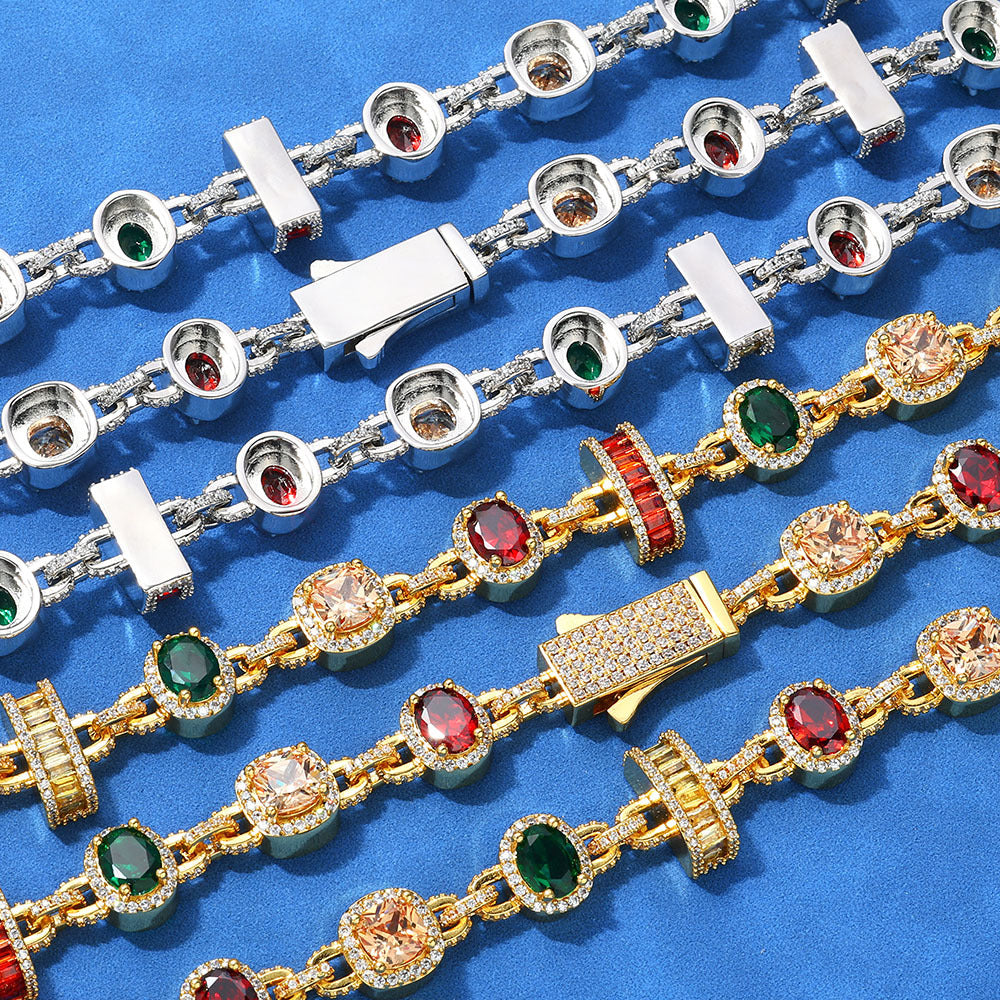 Front and back of the bracelet or neacklace, pave colorful gemstone on the front and flat on the reverse.