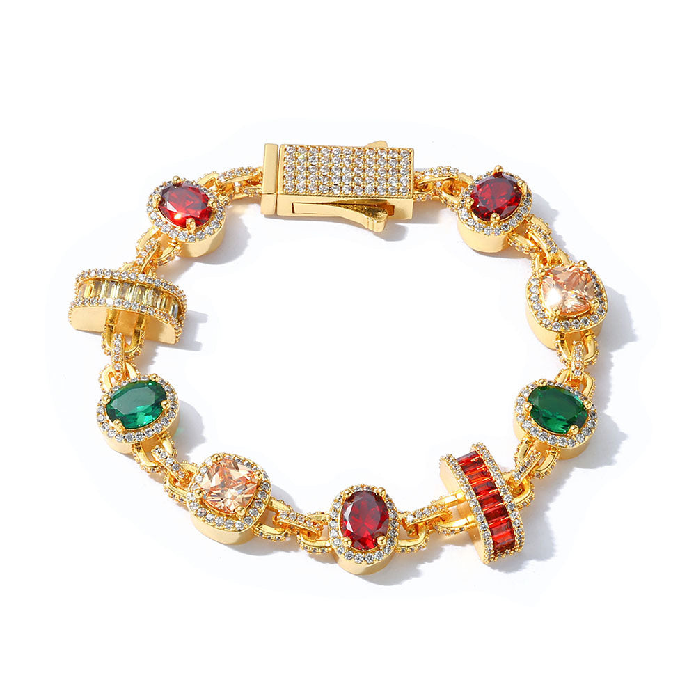 A gold plating brass bracelet, pave halo motifs, main stones in color of emerald, topaz, garnet, champagne, orange. Iced out clasp.