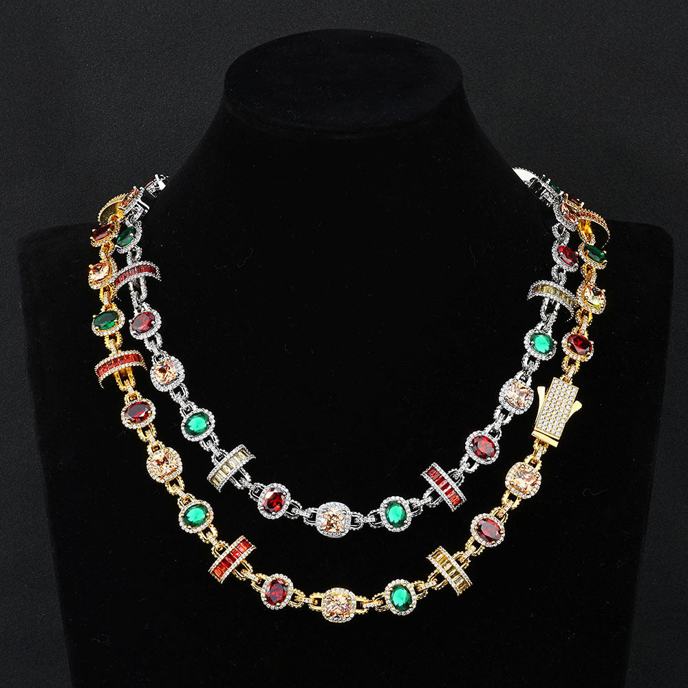 Silver plating and gold plating brass necklaces, pave halo motifs, main stones in color of emerald, topaz, garnet, champagne, orange. Iced out clasp.