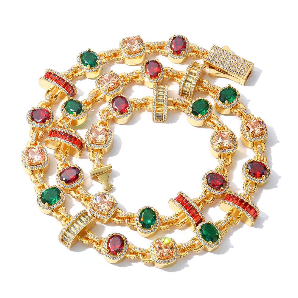 A gold plating brass necklace, pave halo motifs, main stones in color of emerald, topaz, garnet, champagne, orange. Iced out clasp.