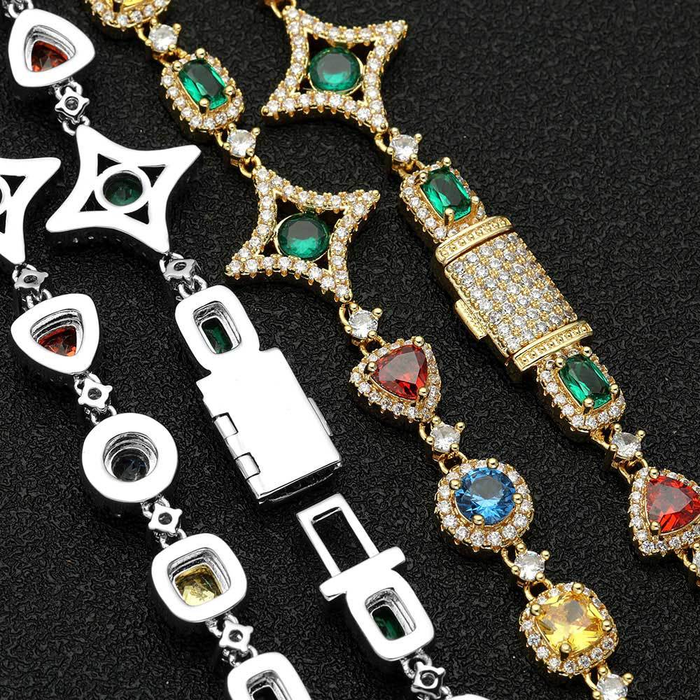 Front and back of the North star bracelet or neacklace, pave colorful gemstone on the front and flat on the reverse.