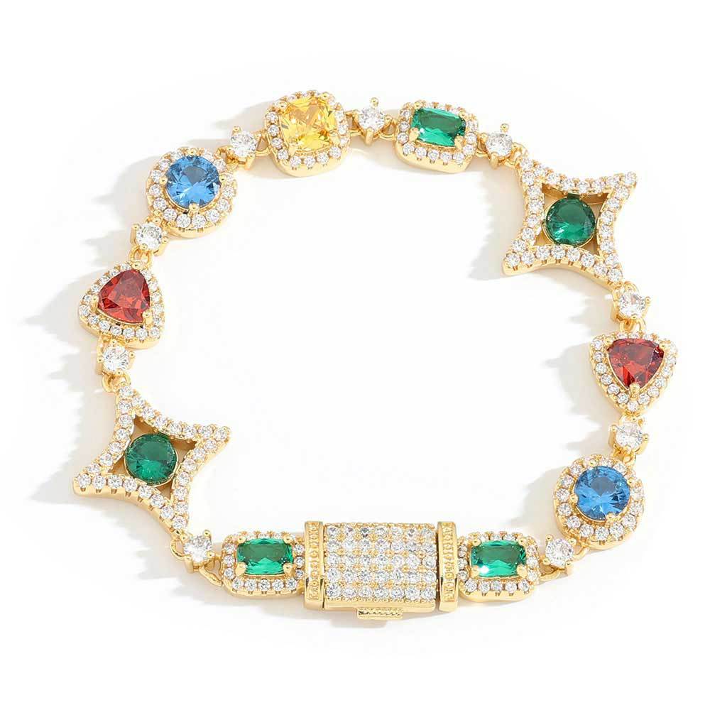 A gold plating brass bracelet, pave halo motifs, main stones in color of emerald, topaz, citrine, garnet. North star motif. Iced out clasp.