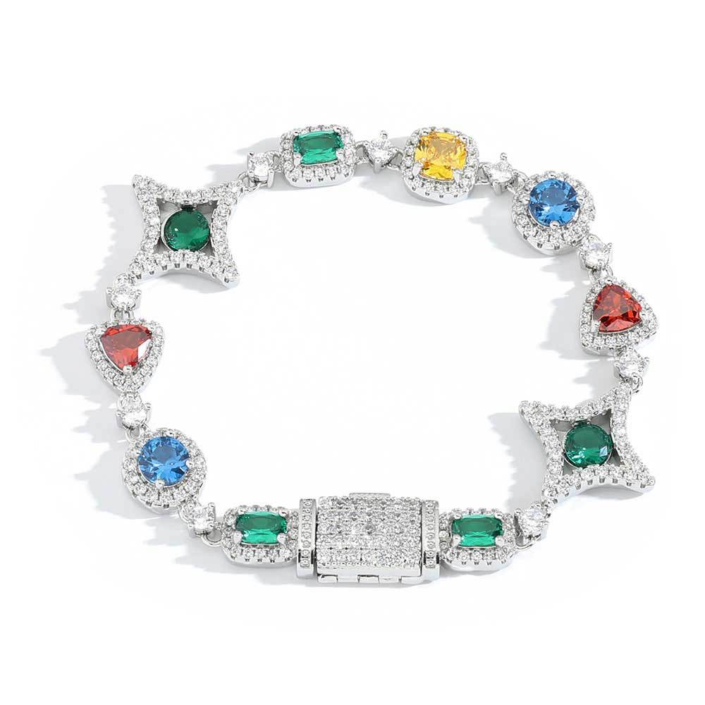 A silver plating brass bracelet, pave halo motifs, main stones in color of emerald, topaz, citrine, garnet. North star motif. Iced out clasp.