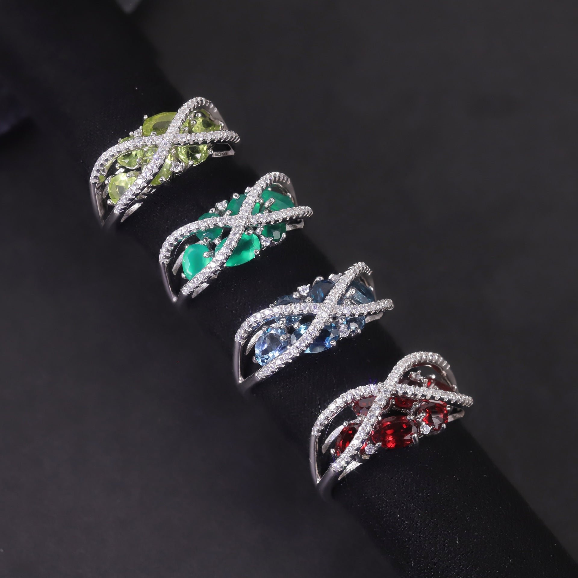 Sterling silver natural gemstone rings, topaz,peridot,chrysoprase, garnet are inlaid in the middle, a pave cross design above the stone. Plating with Rhodium.