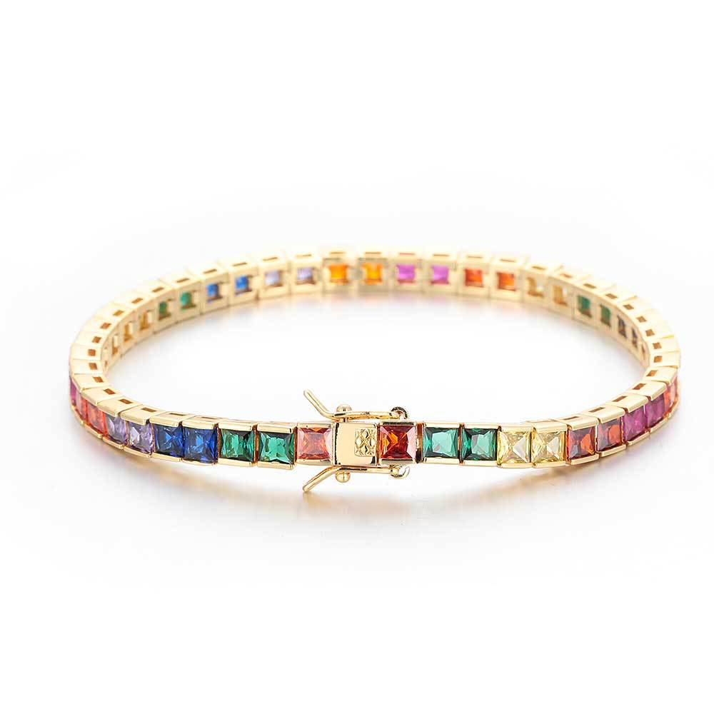 Rainbow color square zirconia tennis bracelet, brass with gold plating.