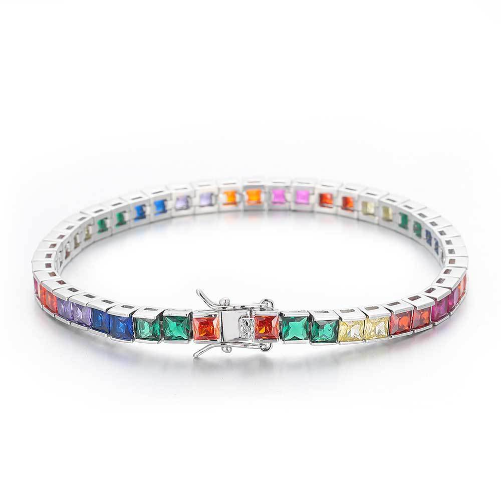 Rainbow color square zirconia tennis bracelet, brass with silver plating.