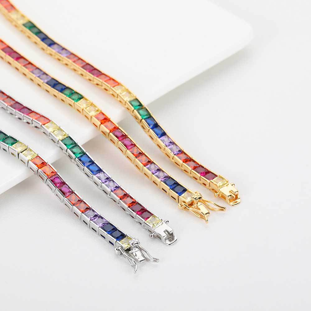 Close-up of the rainbow square gemstone tennis bracelet or necklace clasp, hook clasp.