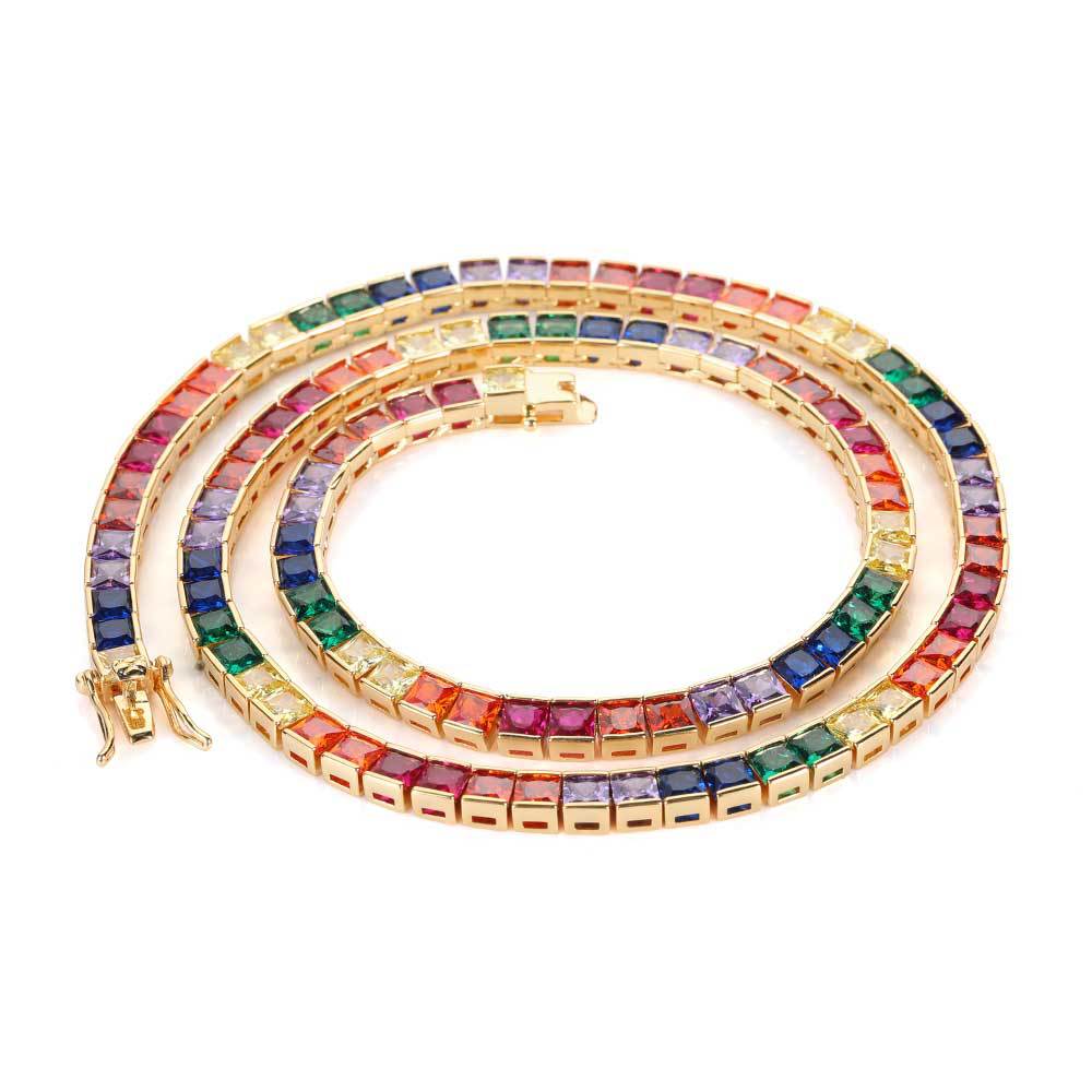 Rainbow color square zirconia tennis necklace, brass with gold plating.