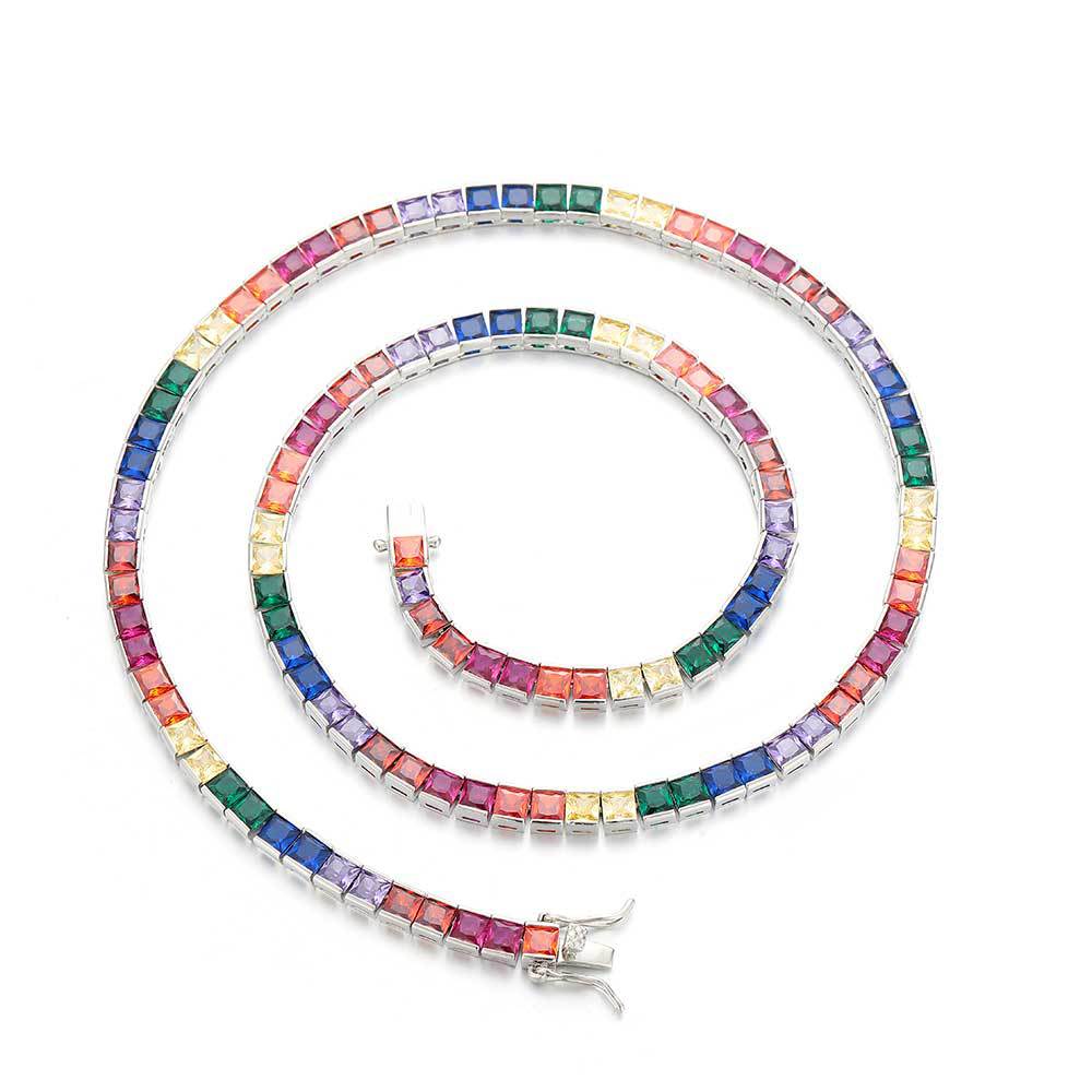 Rainbow color square zirconia tennis necklace, brass with silver plating.