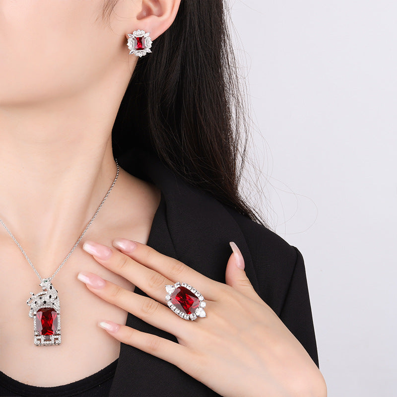 Ruby Colored Zirconia Cheetah Cocktail Jewelry Set