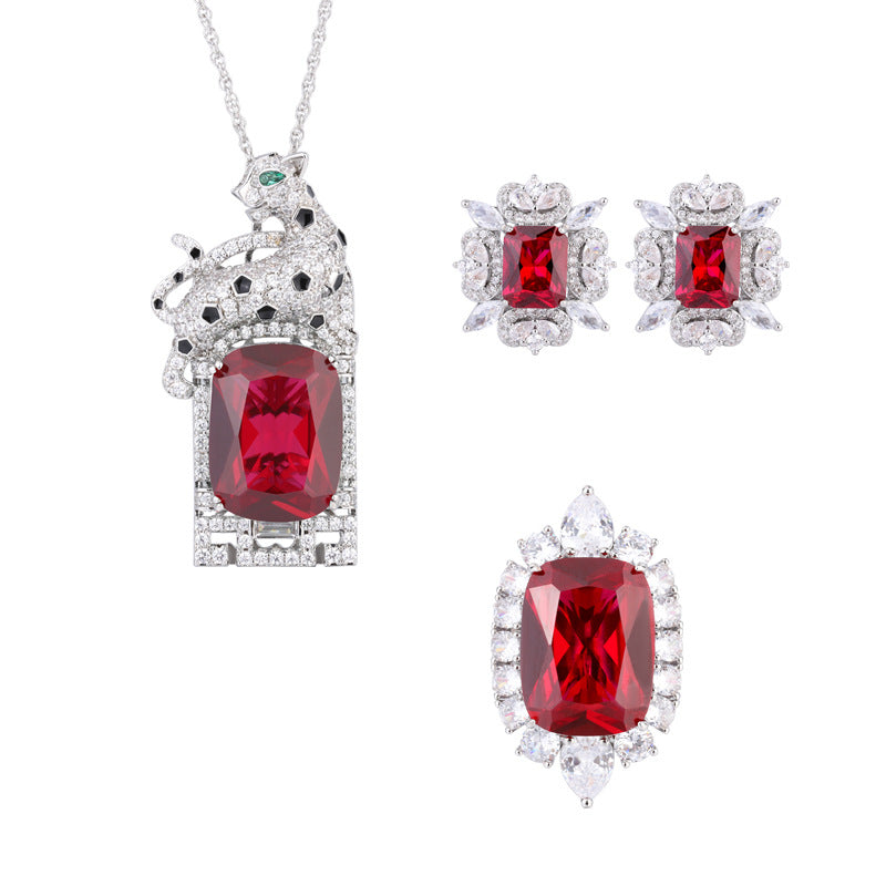 Ruby Colored Zirconia Cheetah Cocktail Jewelry Set