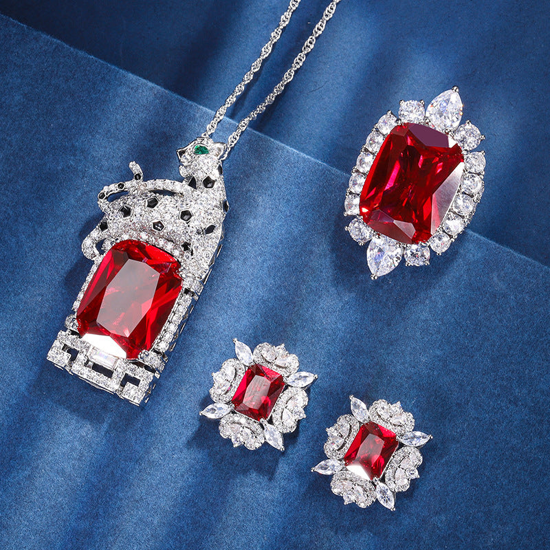 Ruby Colored Zirconia Cheetah Cocktail Jewelry Set