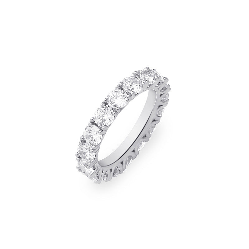 A silver plating brass stacking ring inlaid with white round brilliant cubic zirconias.