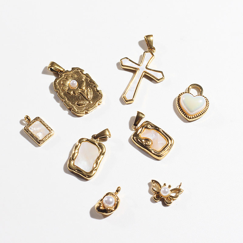 Stainless Steel Embeded Mother-Of-Pearl Charm Gold