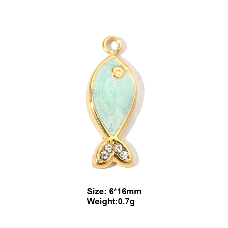 A gold plated fish design green enamel stainless steel charm