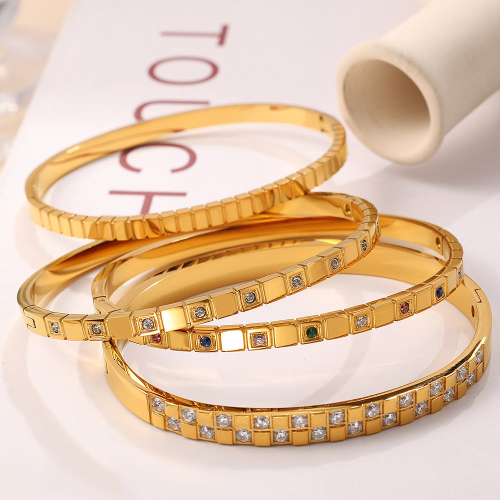 Gold plating cube design with white and colorful zirconias stainless steel bangle bracelets