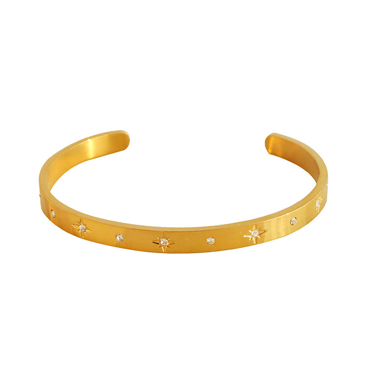A gold plating star design with many orderly zirconias stainless steel bangle bracelet