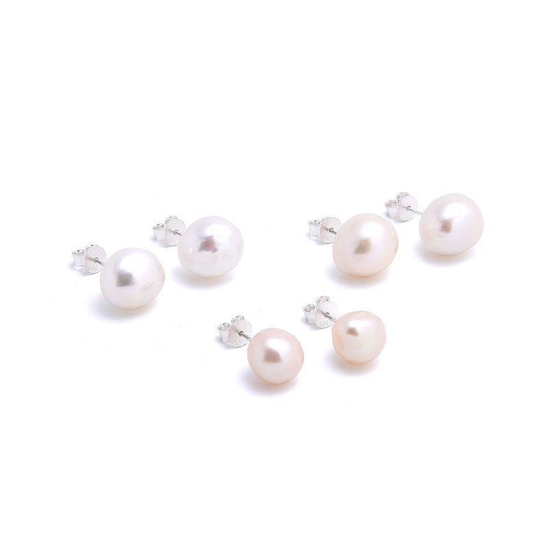 Sterling Silver Nearly Round Natural Pearl Earrings