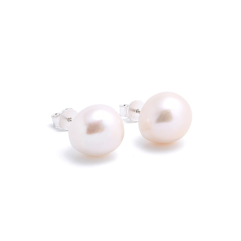 Sterling Silver Nearly Round Natural Pearl Earrings
