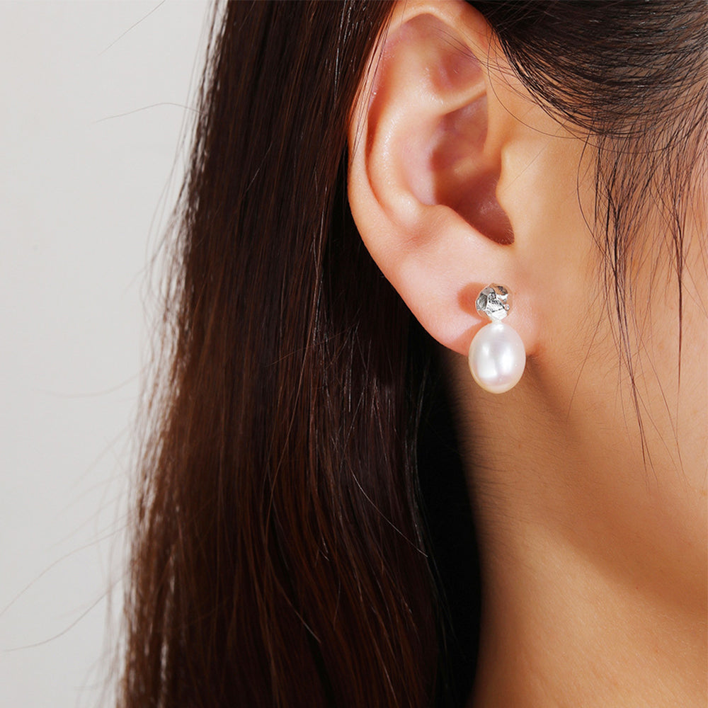 Sterling Silver Oval Natural Pearl Earrings