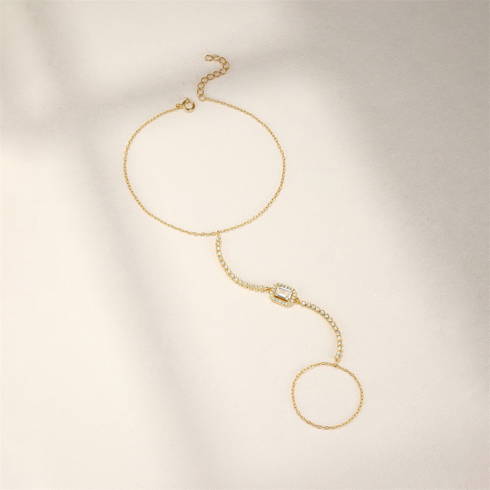 Sterling Silver Rectangle Zirconia Hand Chain Bracelet