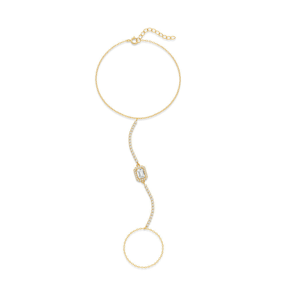 Sterling Silver Rectangle Zirconia Hand Chain Bracelet