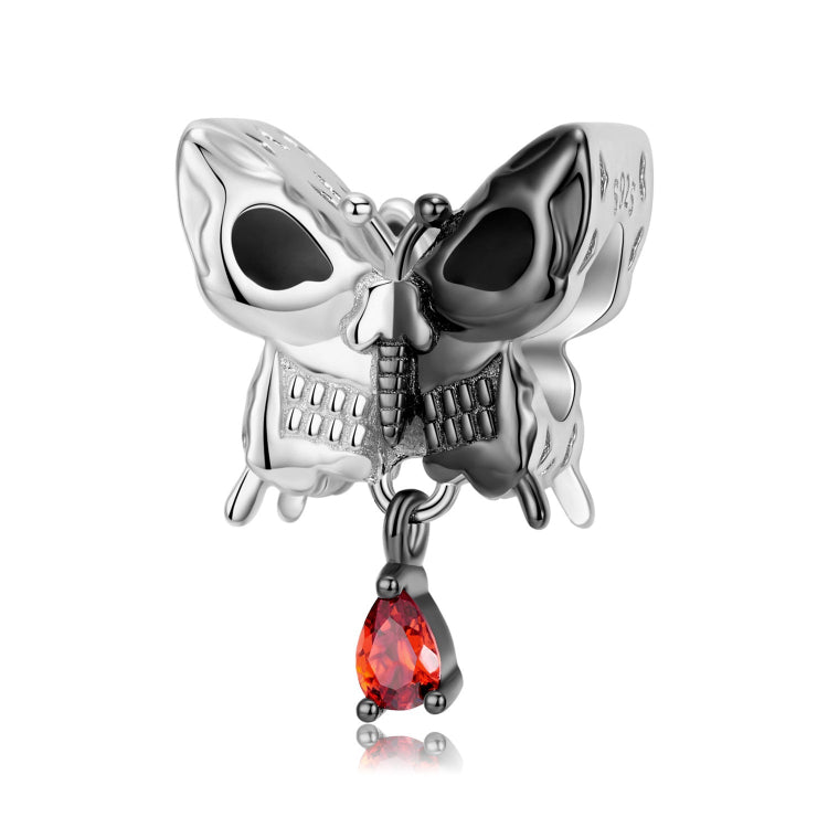 A black-silver plating skull butterfly with a red drop zirconia sterling silver charm
