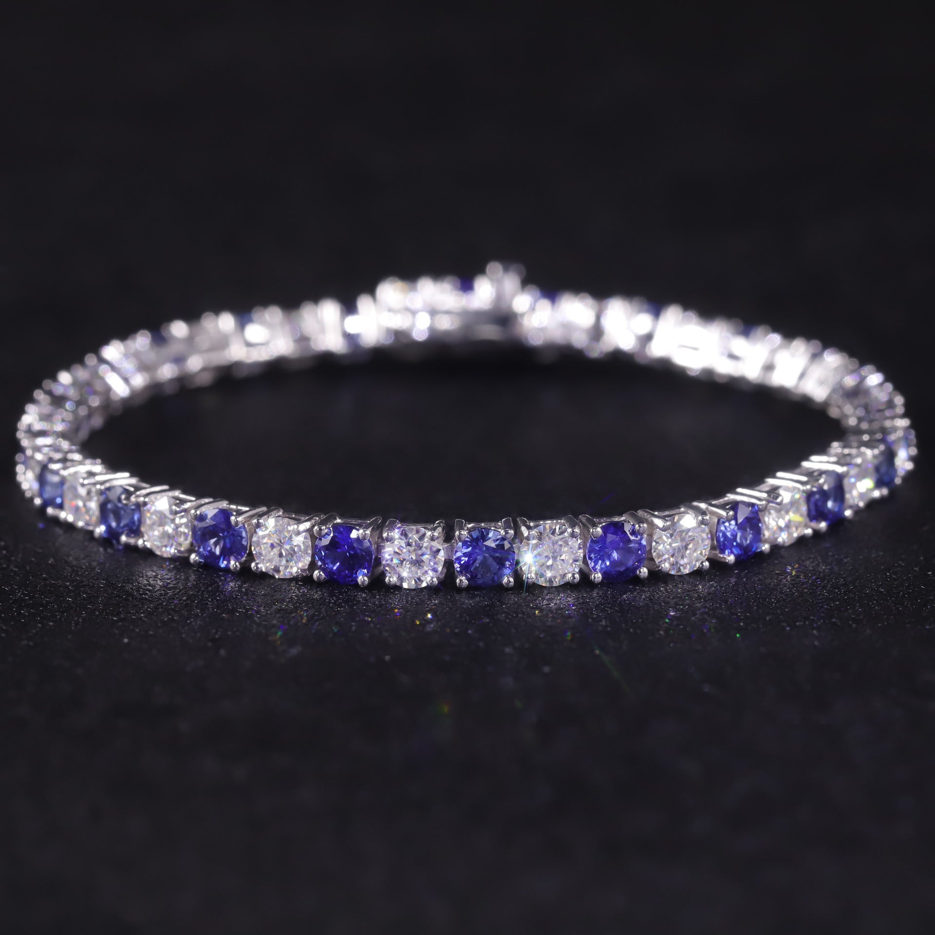 Sterling Silver Synthetic Sapphire Moissanite Tennis Bracelet
