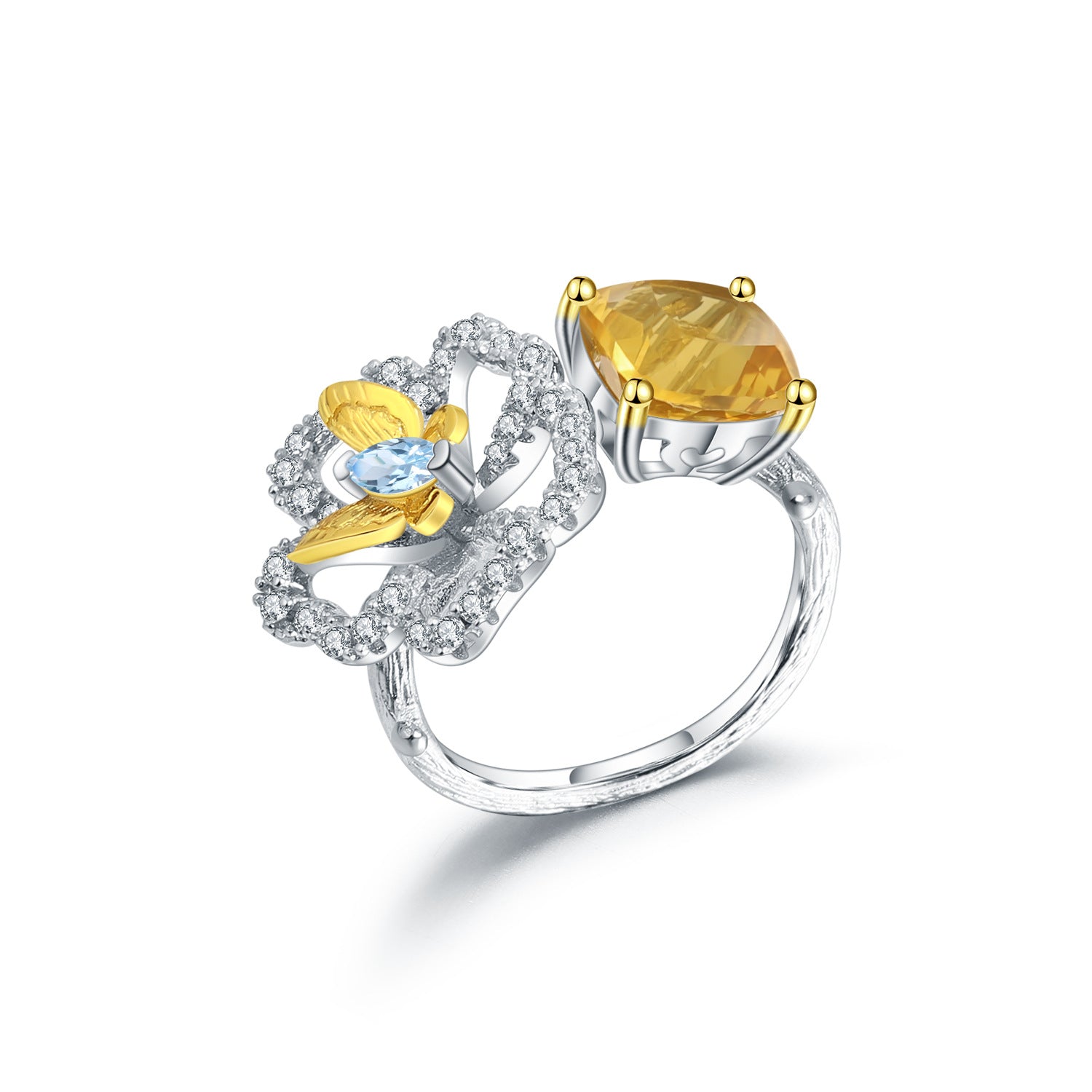 Sterling Silver Natural Gemstone Citrine Topaz Flower Ring
