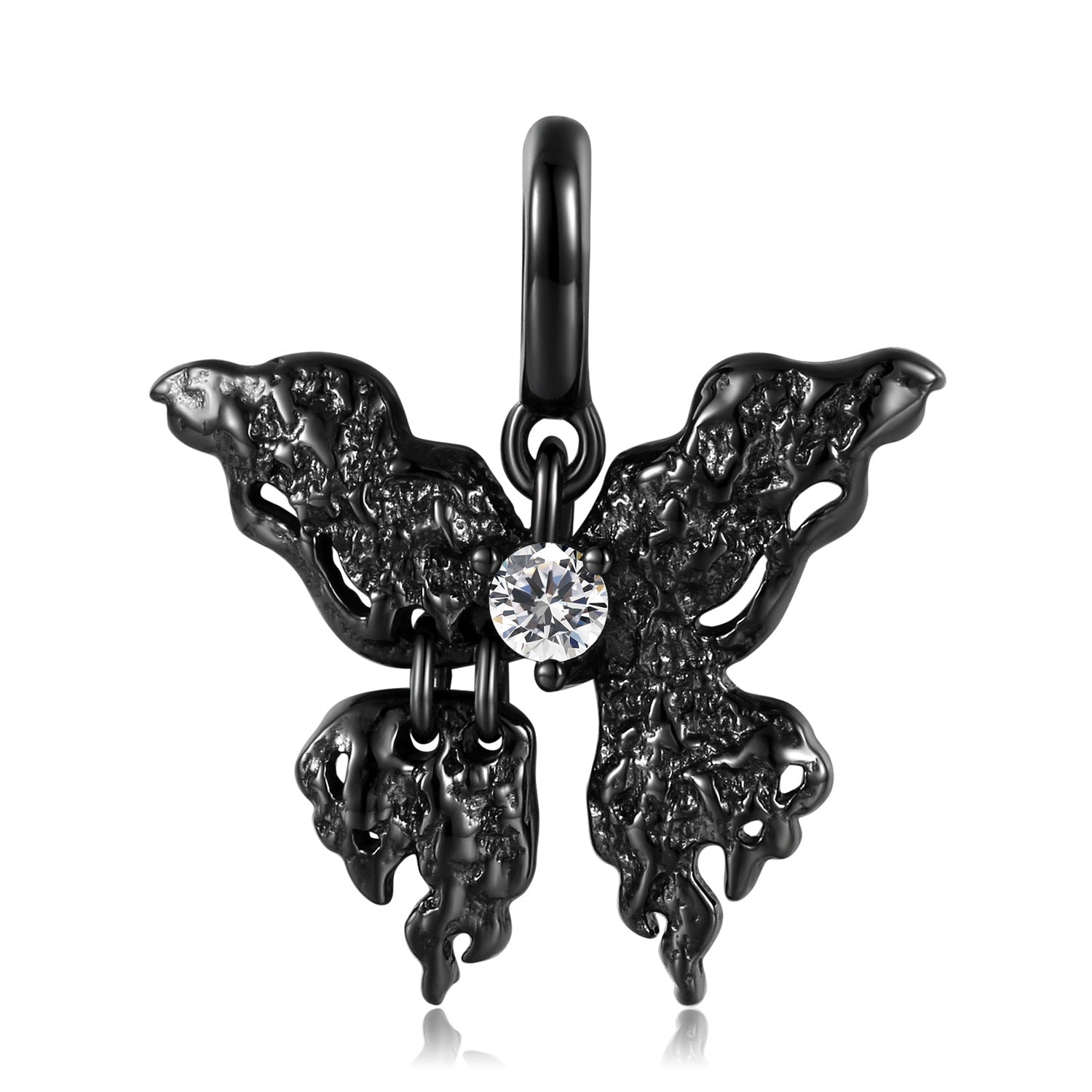 A sterling silver butterfly with a white zirconia charm black