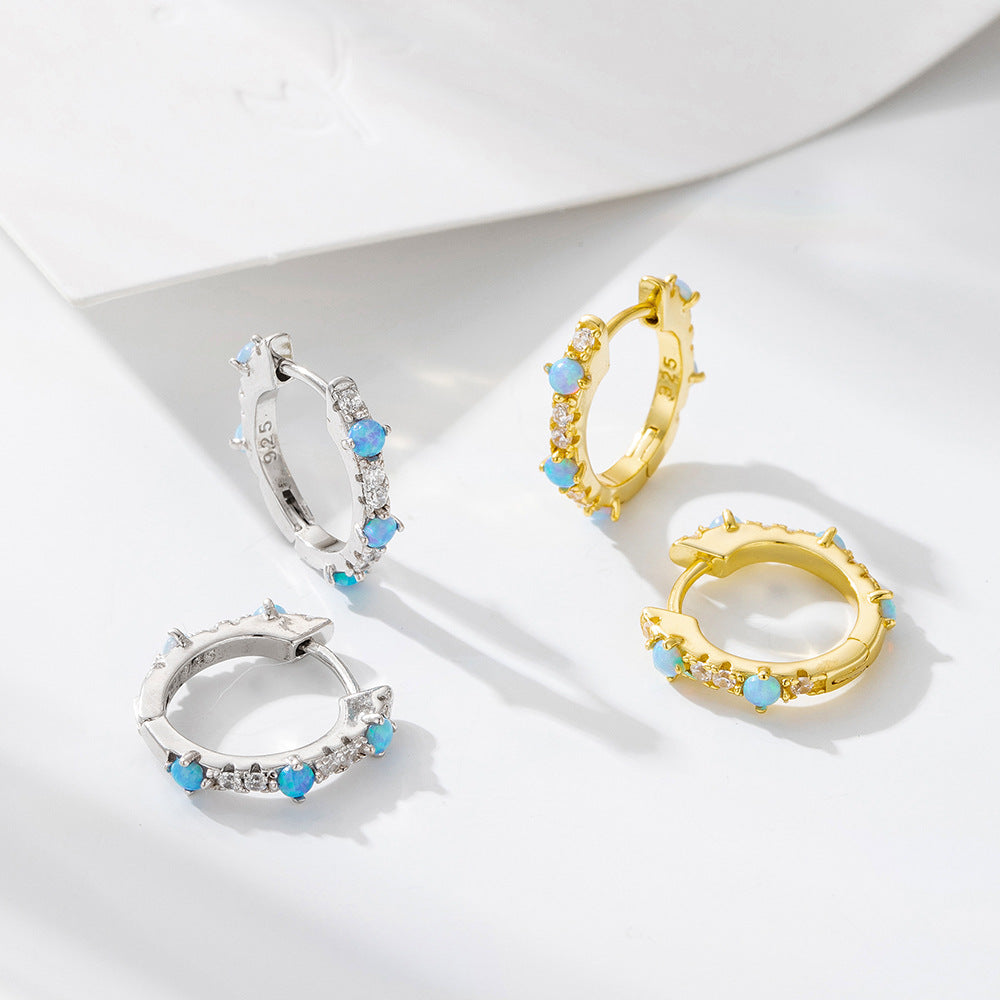 Sterling Silver Blue Opal Huggie Earrings