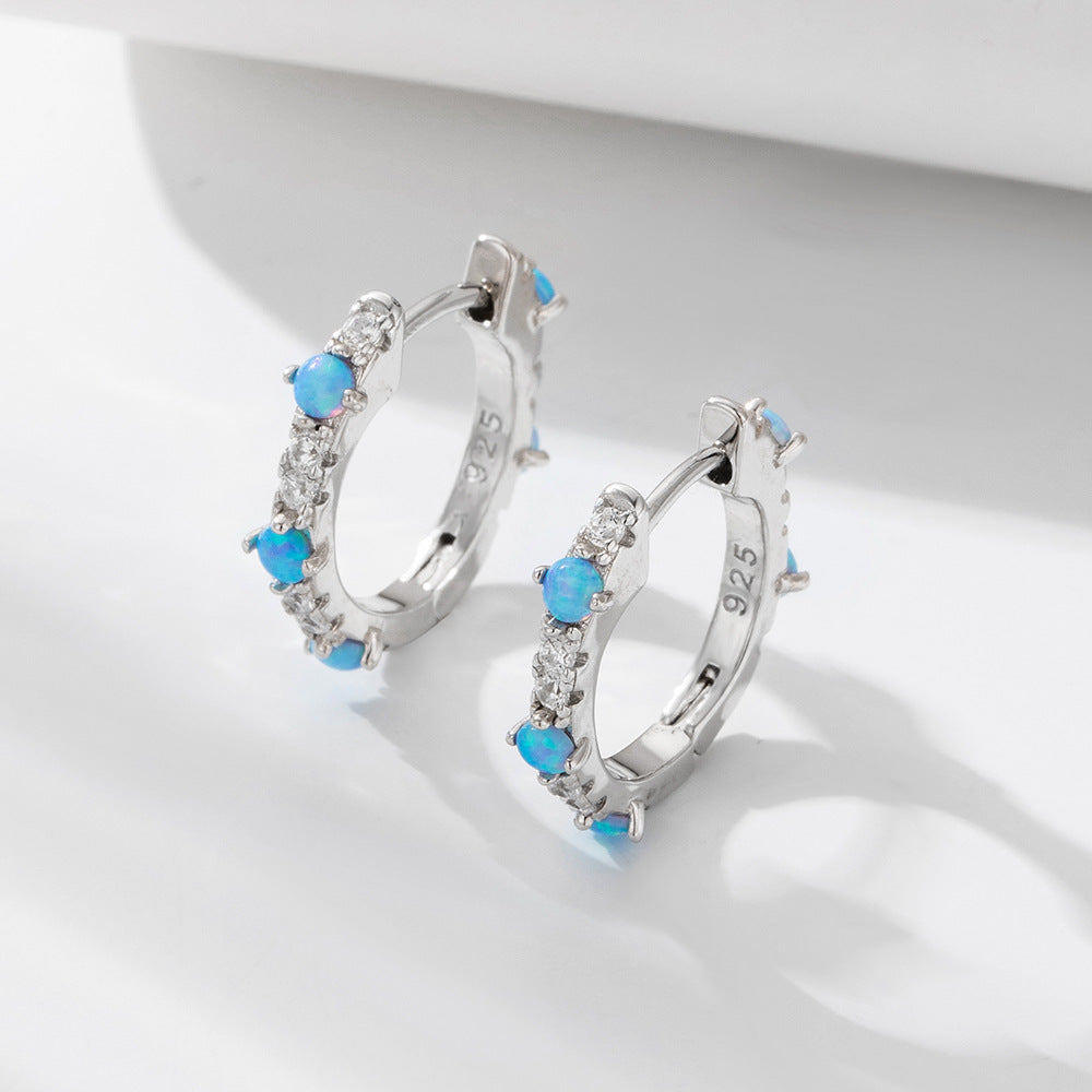 Sterling Silver Blue Opal Huggie Earrings
