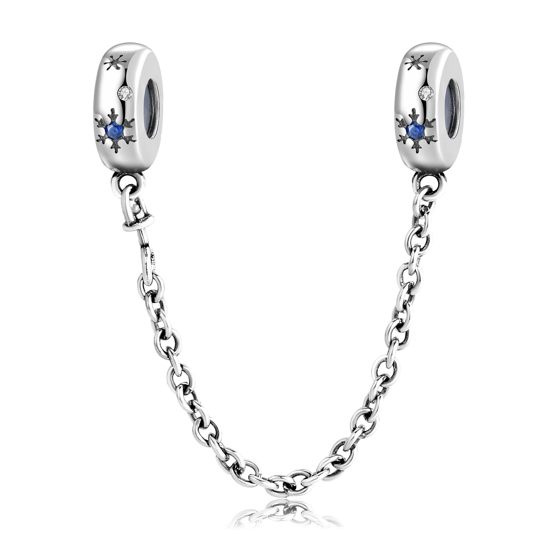 A sterling silver snow design with white and blue zirconias safety chain