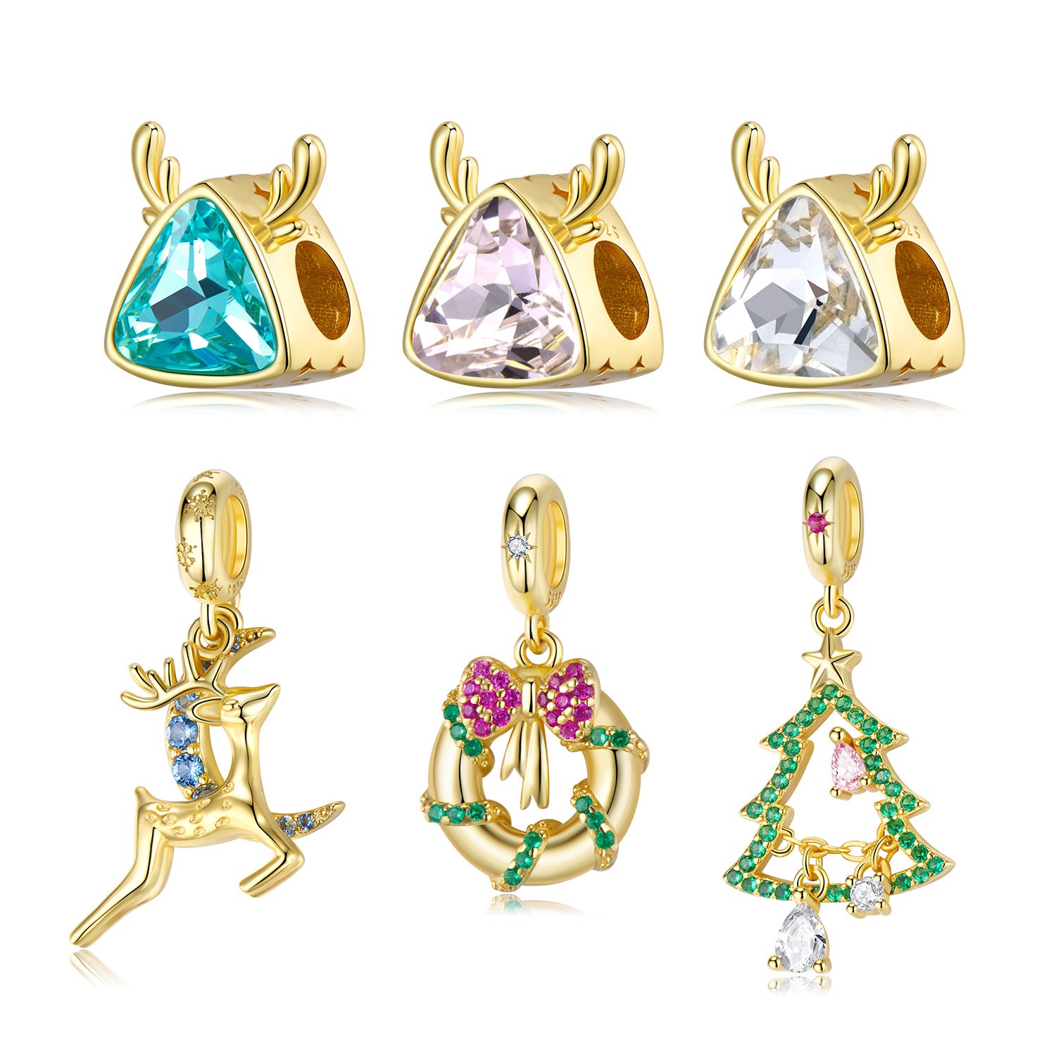 Gold plating sterling silver Christmas charms. Design in deer, moose, wreath, Christmas tree. With white, blue, pink, green zirconias.