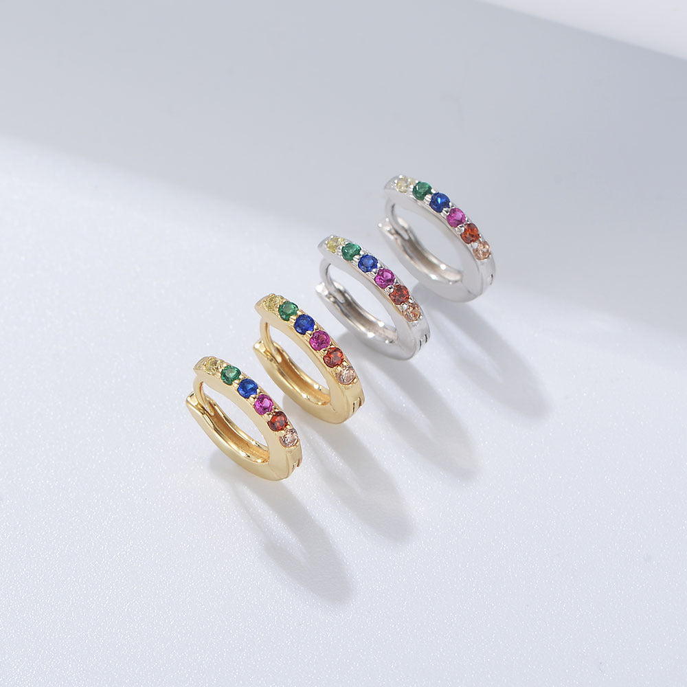 Sterling silver colored gemstone hoop earrings, inlaid with colorful zirconias. Plating with gold or silver.