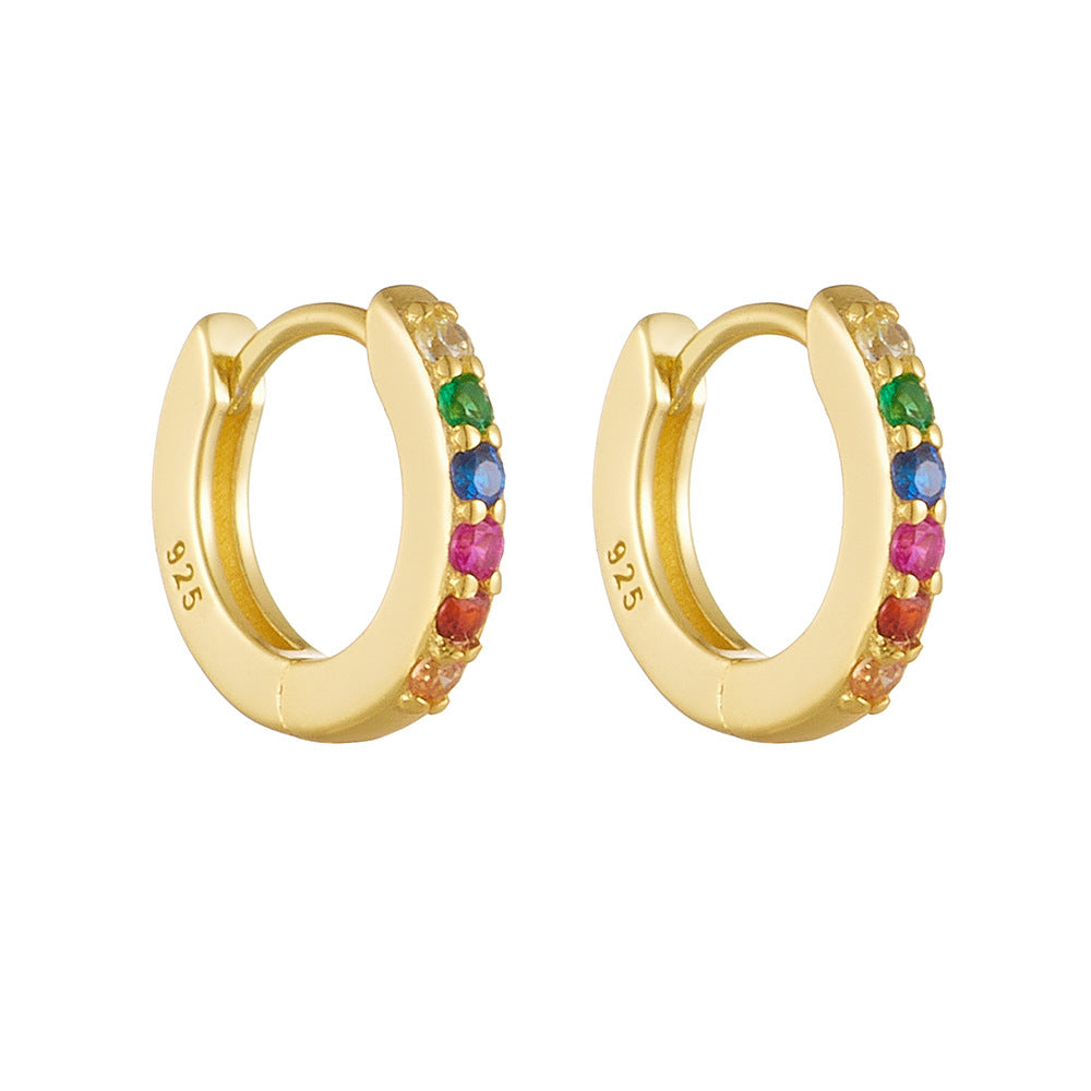 Sterling silver colored gemstone hoop earrings, inlaid with colorful zirconias. Plating with gold.